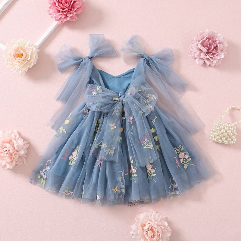 Dusty Blue Girls Princess Tulle Embroided Party Dress