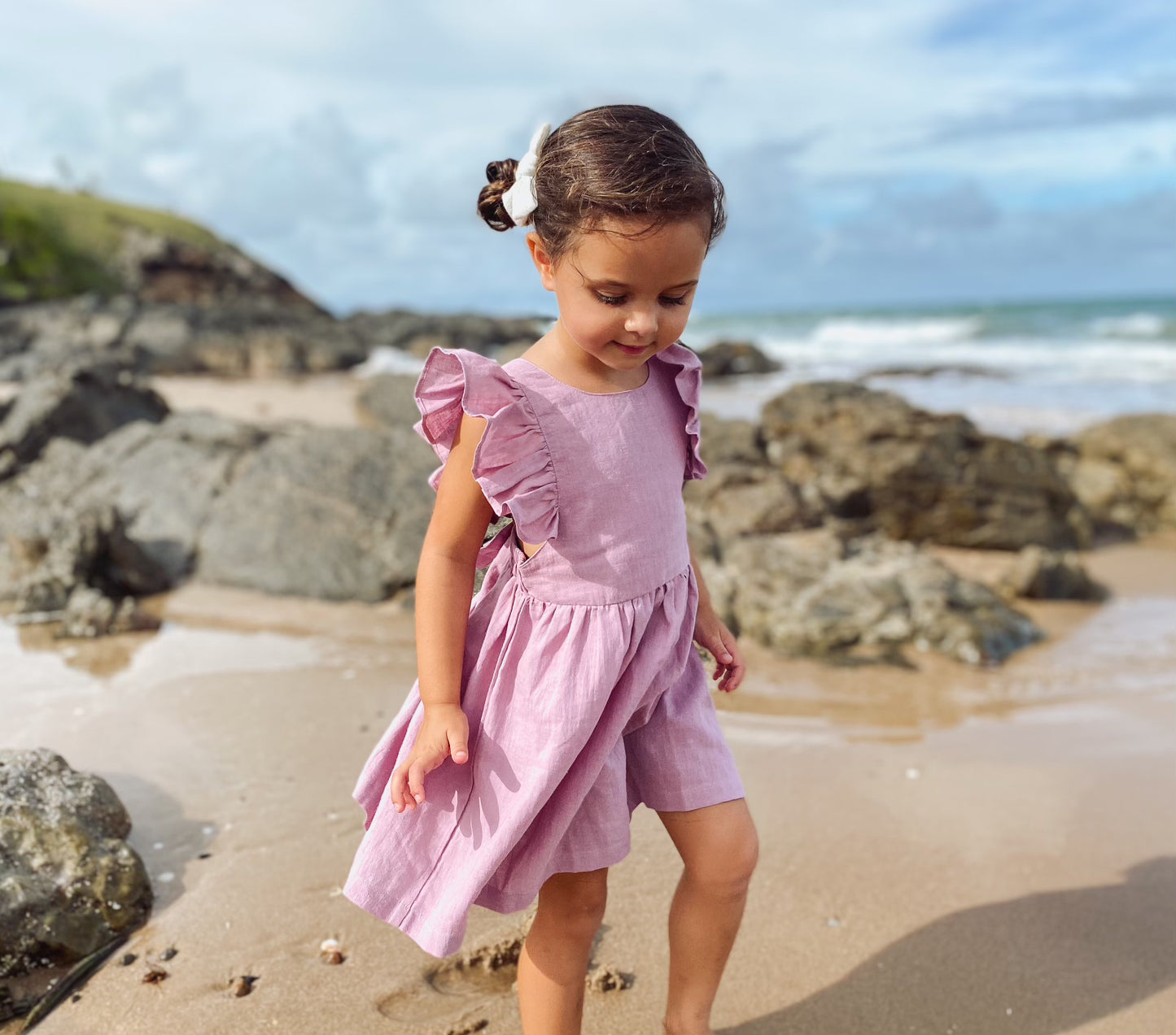 Girls Lilac Cotton Linen Petal Dress