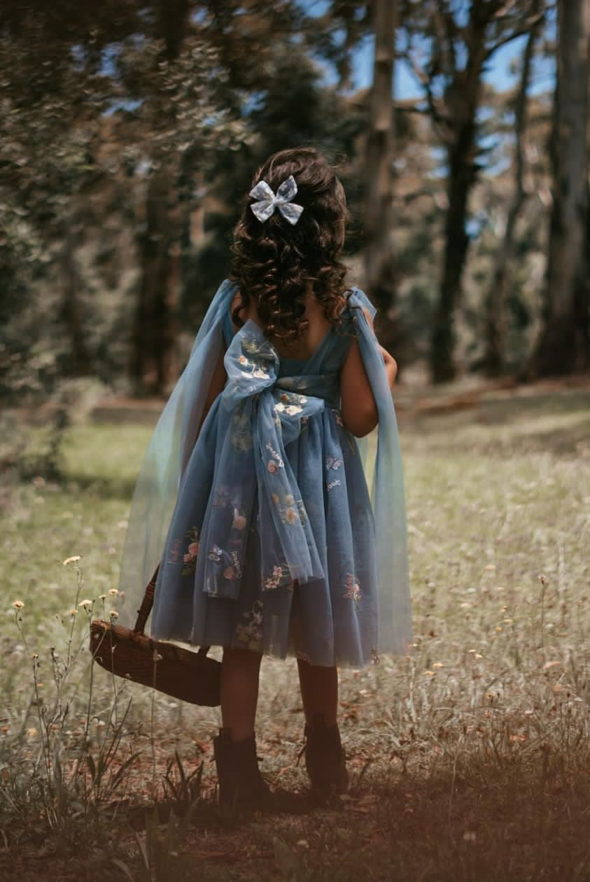 Dusty Blue Girls Princess Tulle Embroided Party Dress