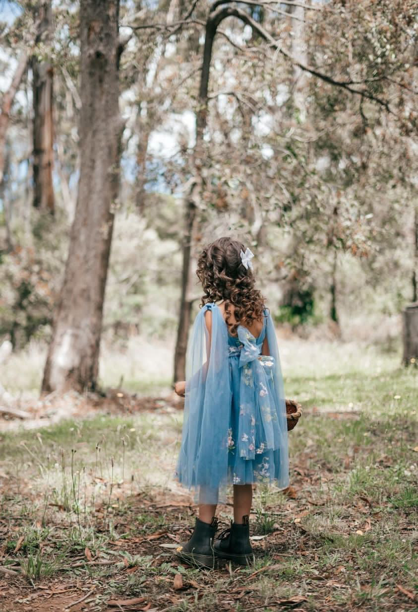 Dusty Blue Girls Princess Tulle Embroided Party Dress