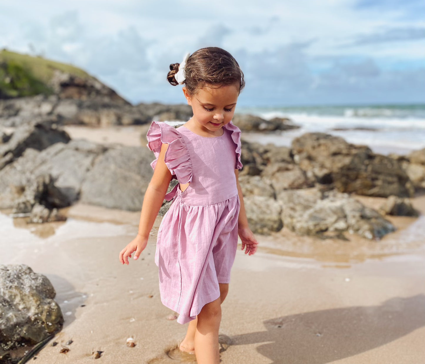 Girls Lilac Cotton Linen Petal Dress