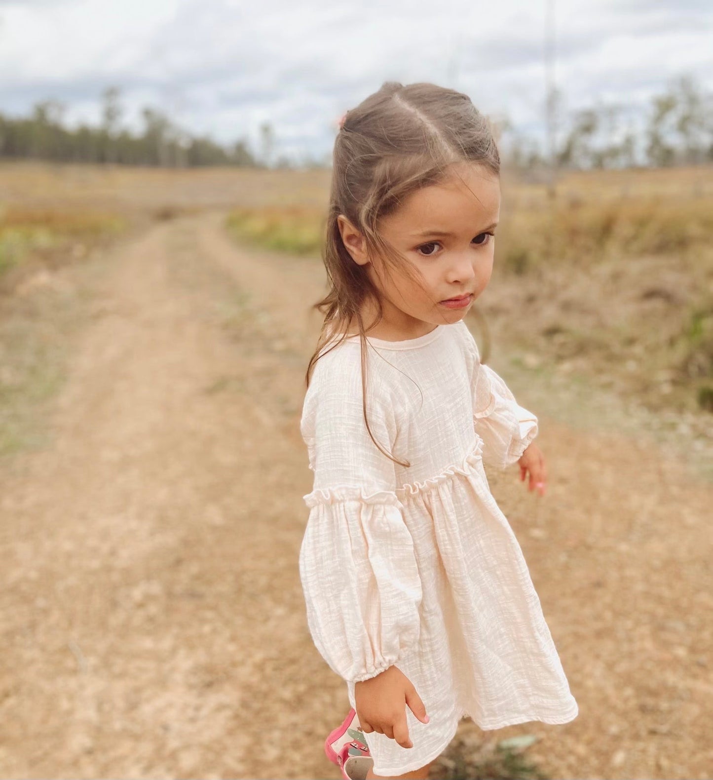 Girls Summer Cotton Beige Ruche Dress