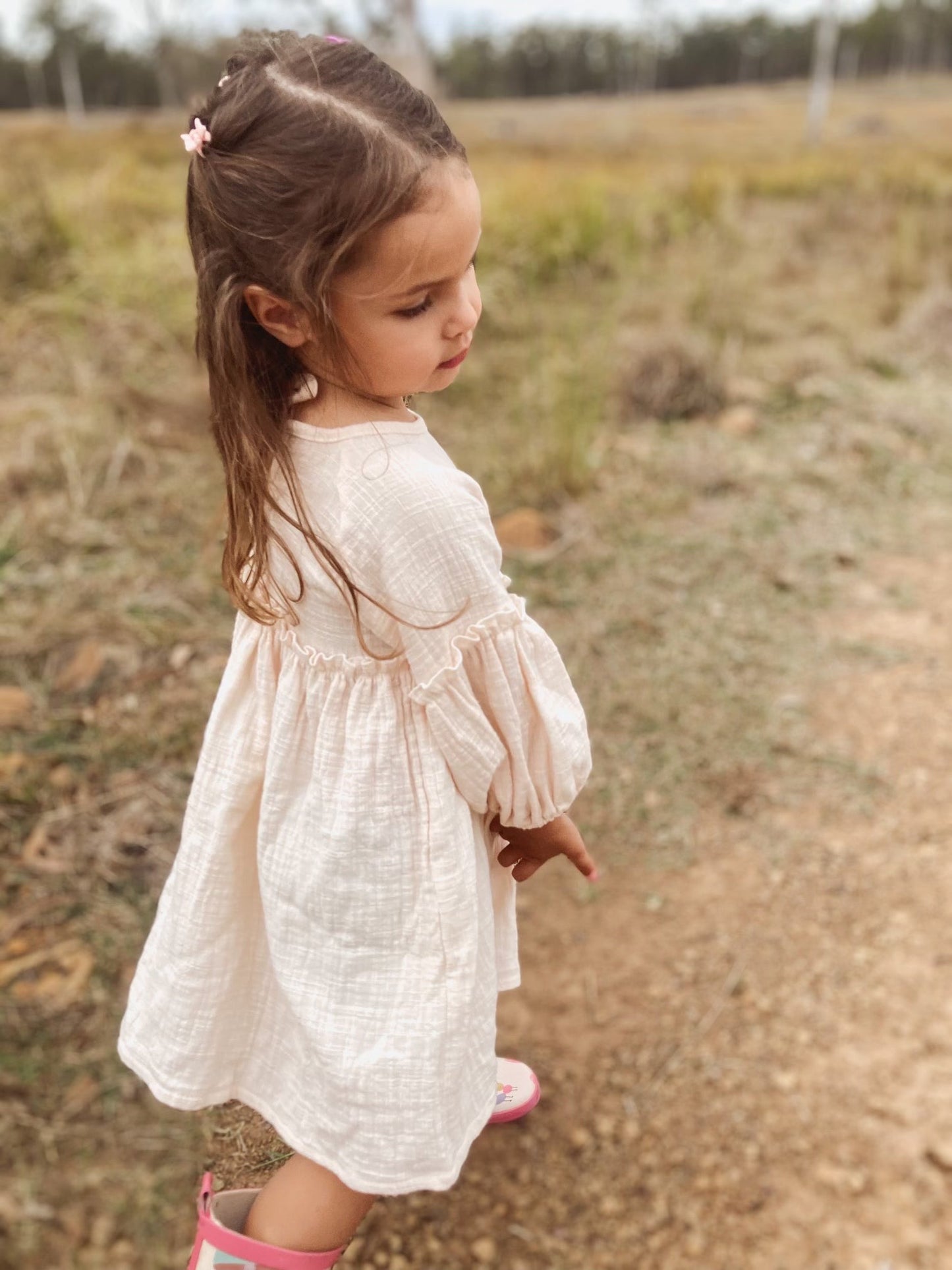 Girls Summer Cotton Beige Ruche Dress